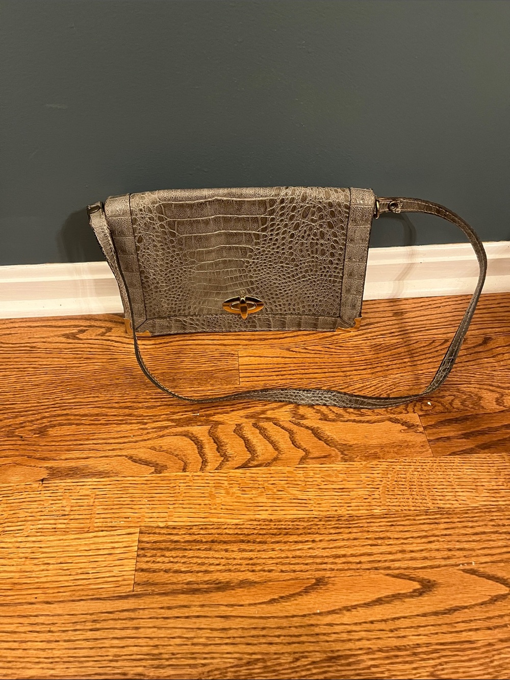 Croc-Embossed Gray / Green Leather Shoulder Bag with Turn-Lock
